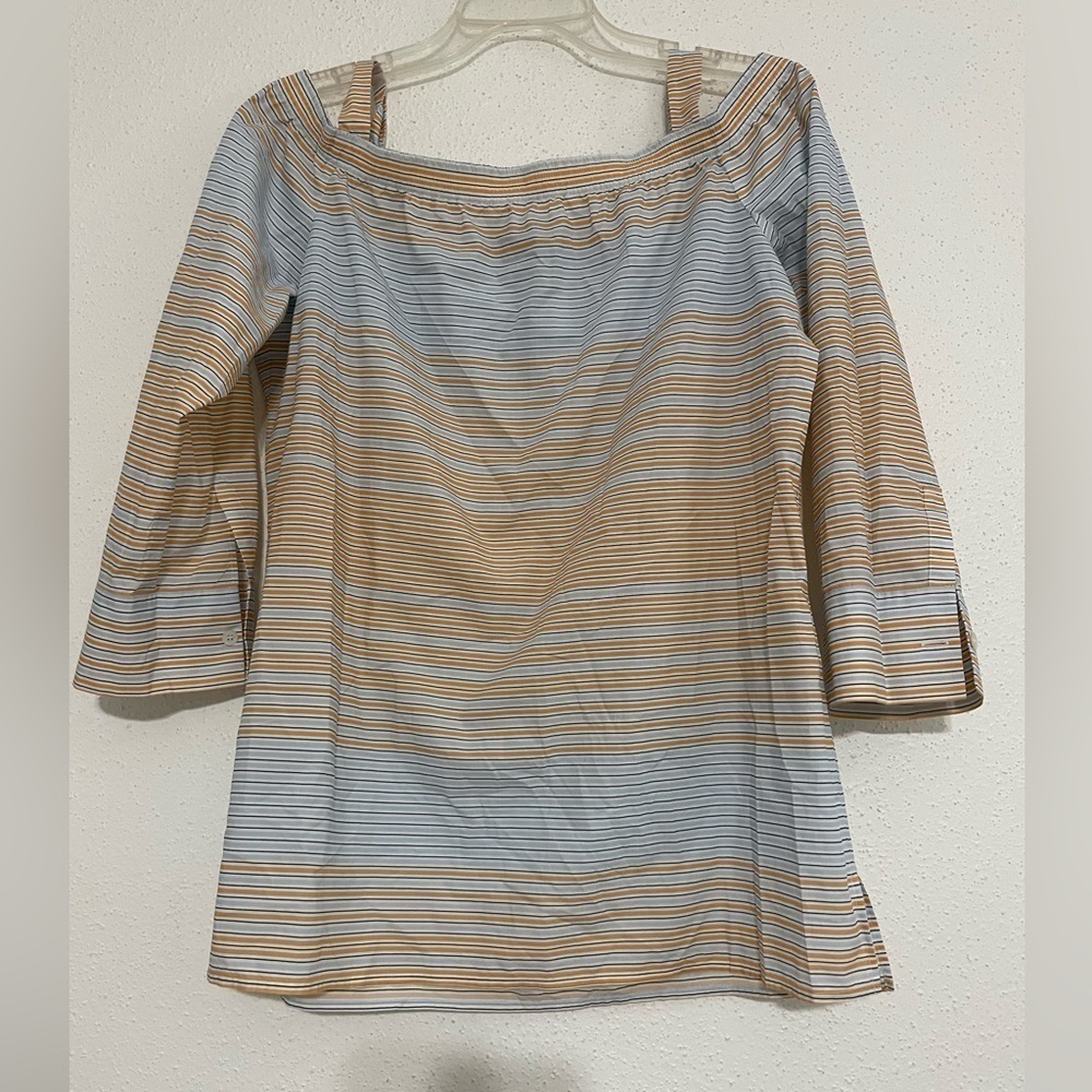 Lafayette 148 Womens Striped 3/4 Sleeve Off Shoulder Top Blue Orange Large